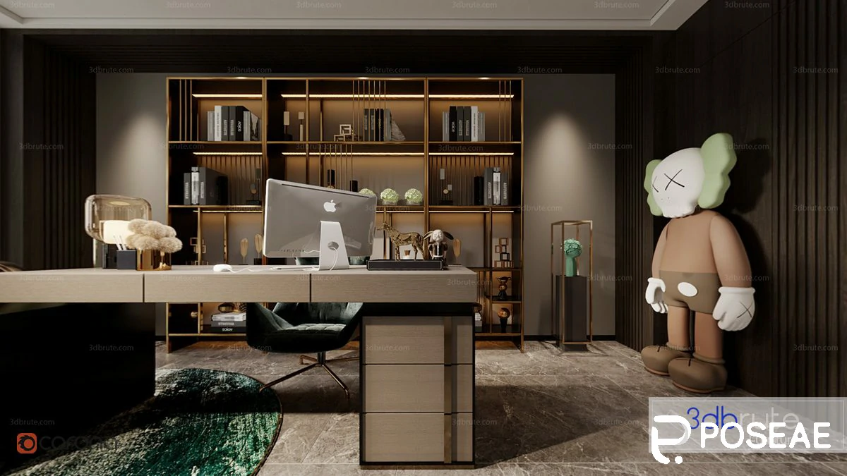 图片[1]-【3D模型】轻奢风书房（带展示柜 + 大玻璃窗）3DMAX 模型-PoseAe视频创意库