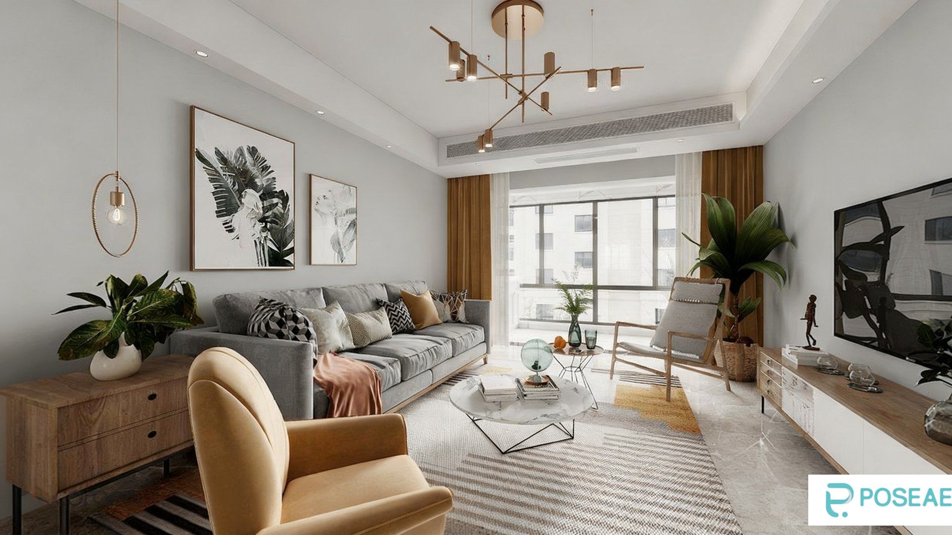 图片[1]-【3D模型】现代清新客厅设计 艺术吊灯植物挂画撞色家具软装搭配 3DMAX 模型-PoseAe视频创意库