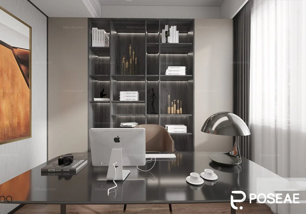 【3D模型】现代轻奢书房（带陈列柜）3DMAX 模型-PoseAe