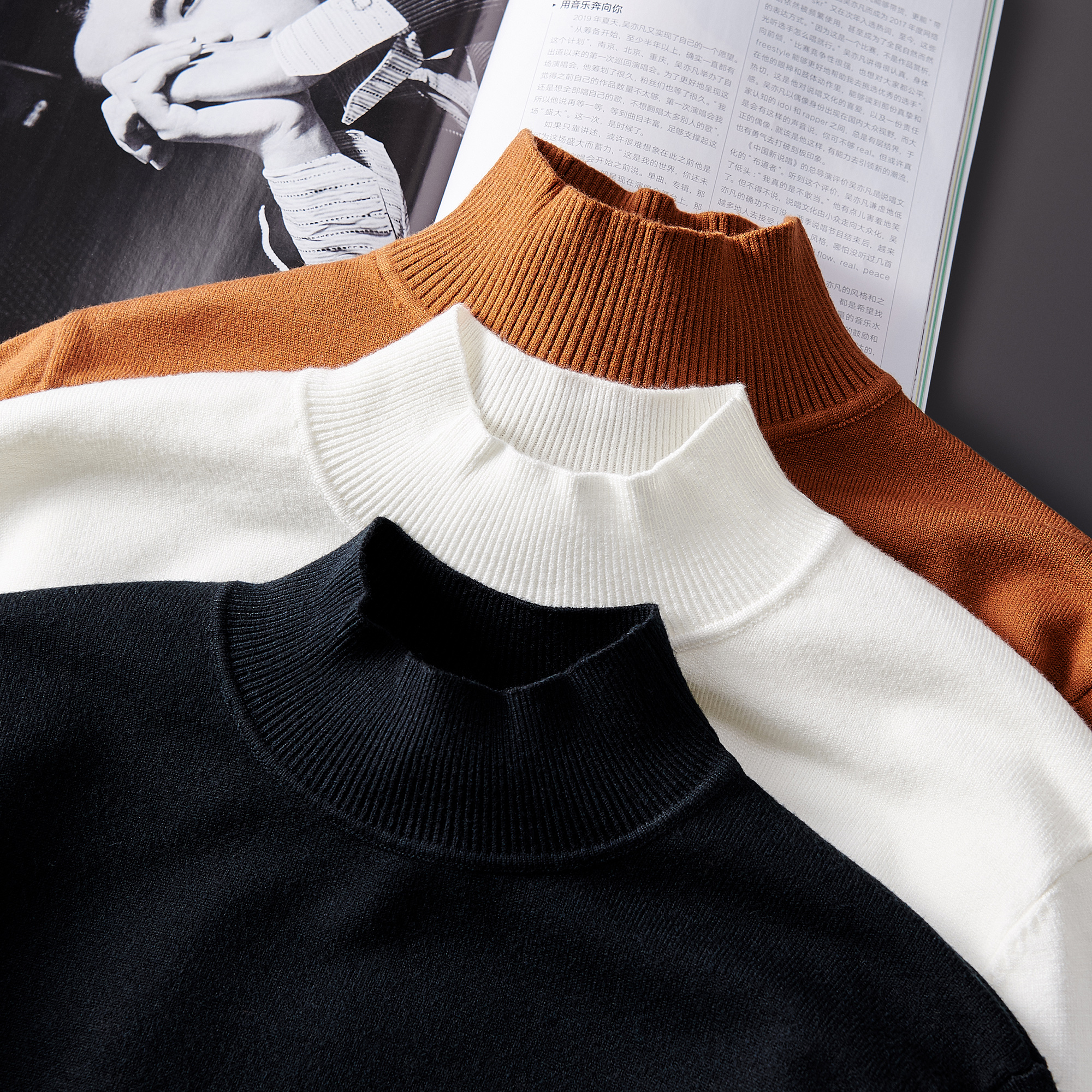 Half-high collar high-end business cardigan men's winter trend plus velvet thickened slim-fit sweater casual new cardigan