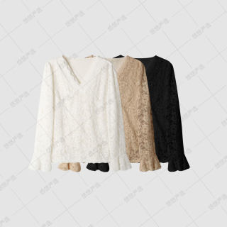 【加厚蕾丝 内里加绒】拼接网纱V领蕾丝打底衫女秋冬新款