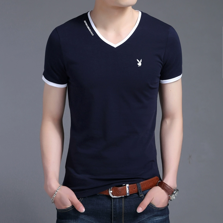 Playboy mùa hè T-Shirt nam v-cổ ngắn tay gà tim cổ áo bông Hàn Quốc phiên bản của màu rắn thanh niên từ bi Slim quần áo triều