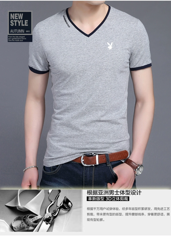 Playboy mùa hè T-Shirt nam v-cổ ngắn tay gà tim cổ áo bông Hàn Quốc phiên bản của màu rắn thanh niên từ bi Slim quần áo triều