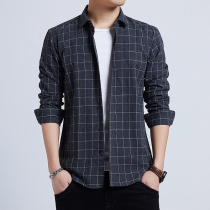 2021 new summer thin slim mens inch shirt long-sleeved plaid casual spring and autumn shirt Korean version