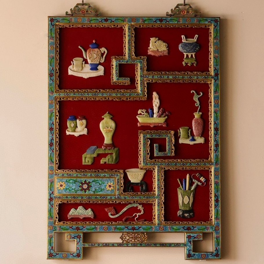 紫光檀螺钿嵌博古清供图四条屏中式实木家居客厅中堂装饰画工艺品