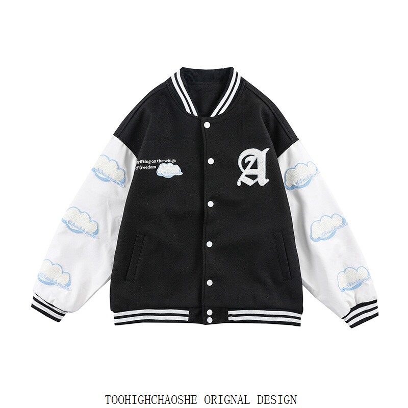 Flocking cloud skeleton bear vintage American baseball uniform women's spring and autumn vibe wind leather sleeve men's jacket jacket 1