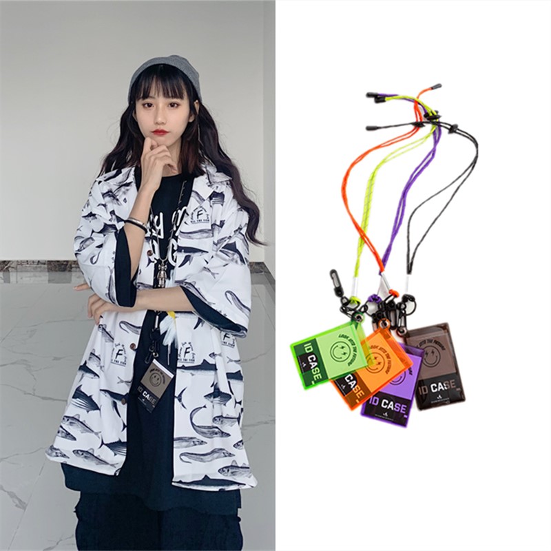 Candy Color Smiley Face Lightning Tide Card Bag Transparent Sleeve Key Chain Fluorescent Hanging Necklace Hanging Neck Rope Chest Card Document Sleeve