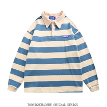Wide striped long sleeves Polo collar necropolis womens collar spring autumn 2021 Chauffins Sless senior feel American vintage comeback 1