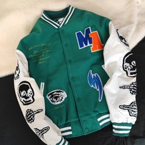 Joint-style retro skeleton skeletons skeletal sickle flocking splicing leather cuff vintage American baseball jacket jacket 1