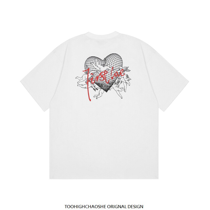 love love letter print short-sleeved shoulder T-shirt design sense new loose cotton top couple heavy American style