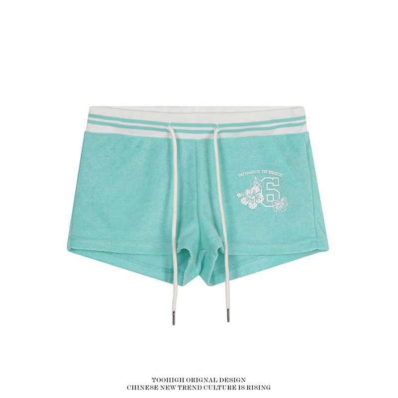 Toohigh American Style Spicy Girl Color-Block Drawstring Three-Quarter Pants Summer Beach Vacation Style Straight Slimming Casual Shorts
