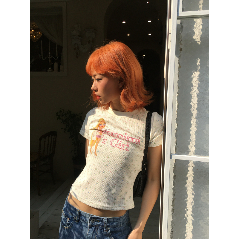 Toohigh Korean-Style Floral Barbie Doll Shoulder-Length Short-Sleeve T-Shirt for Women, Slim-Fit, Flattering, Short Top ins