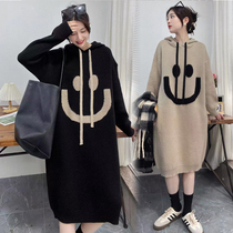 Maternity wear autumn and winter sweater coat autumn new lazy style smiley hooded loose thickened mid-length dress