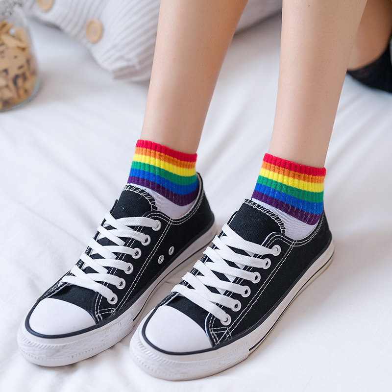 Trendy Rainbow Socks for Women, Short Socks, Shallow Cut, Thin Cotton Socks, Summer Mid-Calf Striped Socks, Trendy Korean Candy Colors