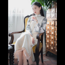 Xiao Gongzi) Jinhe) Spring and Summer Republic of China Wind Cotton and Hemp Jacquard Fake Jacquard Fake Two Big Sleeve Cheongsam Dress L231