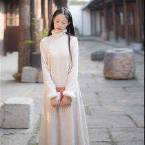 Xiaogongzi) Fusheng) Chinese retro thick knitted rex rabbit fur soft slim fit warm dress cheongsam 214
