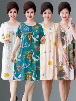 Mom pajamas women's night dresses summer large size thin cotton poplin loose middle-aged and elderly dress pure cotton silk grandma
