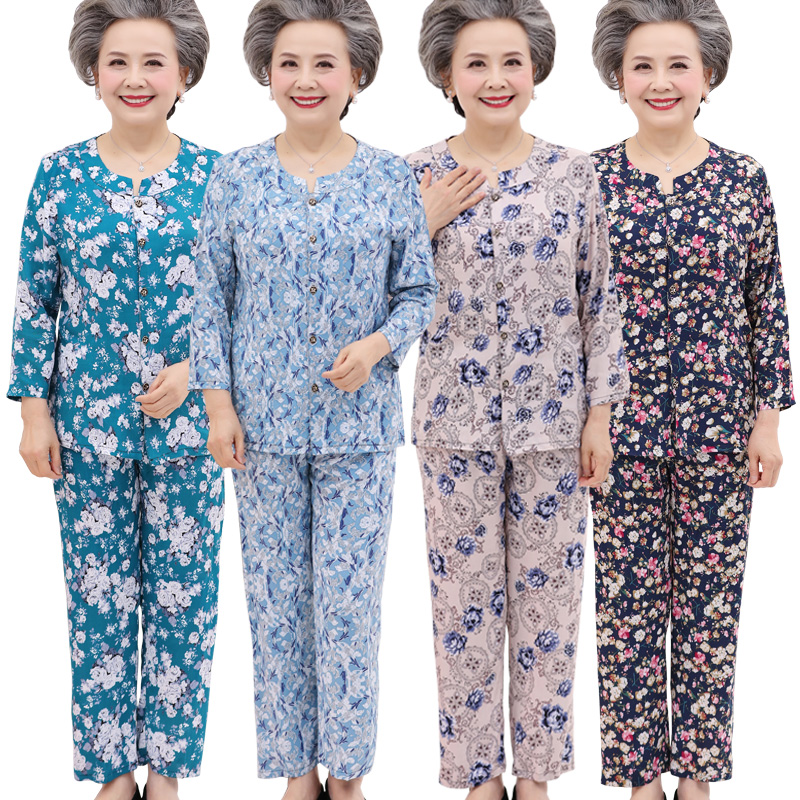 Middle-aged and elderly cotton silk pajamas female summer mother grandma long-sleeved thin cotton silk suit 2022 new home wear