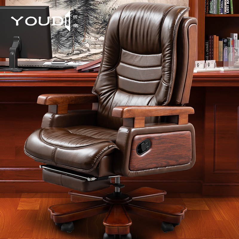 Boss chair leather solid wood business class chair office chair can lie computer chair home swivel chair ergonomic chair