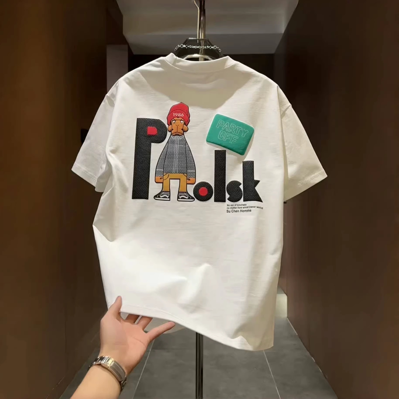 2026 Summer New Trendy Brand Cartoon Print Men's Short-Sleeved Cool Pure Cotton Half-Sleeve Slim Casual Round Neck T-Shirt 2026 Summer New Trendy Brand Cartoon Print Men's Short-Sleeved Cool Pure Cotton Half-Sleeve Slim Casual Round Neck T-Shirt