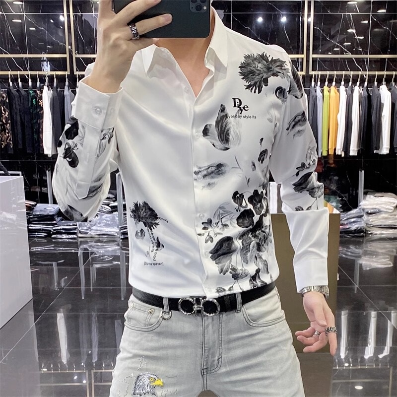 Spring and Autumn New Trendy Youth Business Casual Ink Painting Shirt Men's Long Sleeve Slim Fit Cool Floral Shirt Trendy