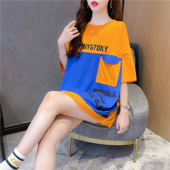 Summer plus size women's fat mm loose western style top pocket design sense stitching mid-length ladies t-shirt short sleeves