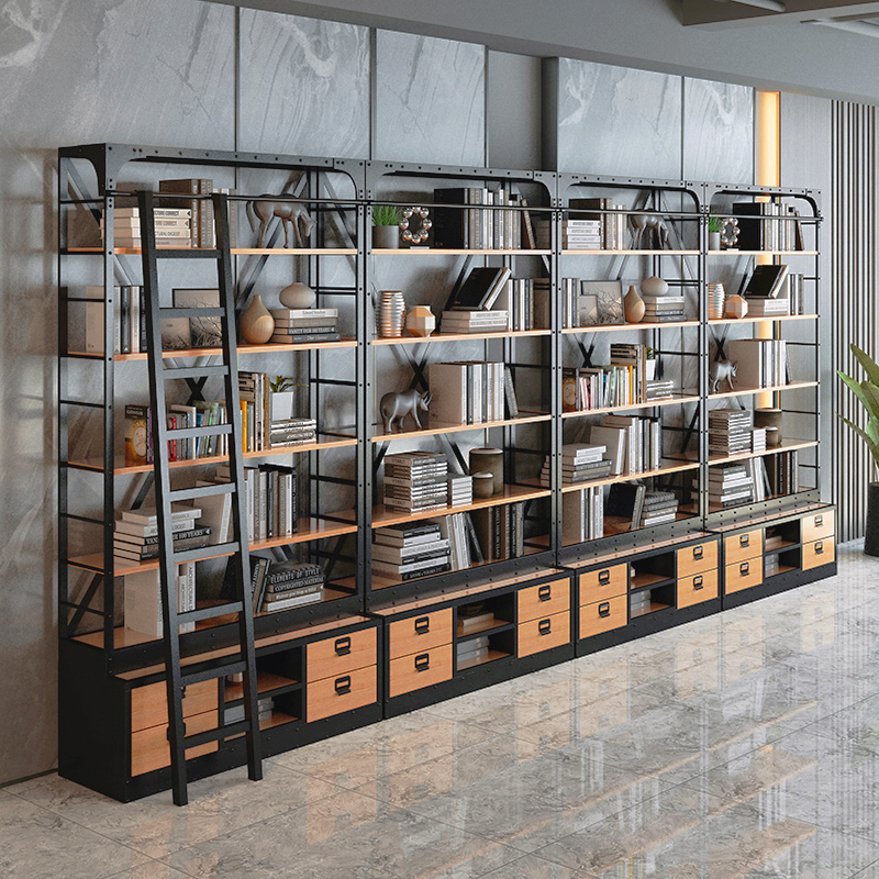 LOFT Nordic solid wood bookshelf retro wrought iron rack American floor-to-ceiling bookcase custom industrial wind full wall bookshelf