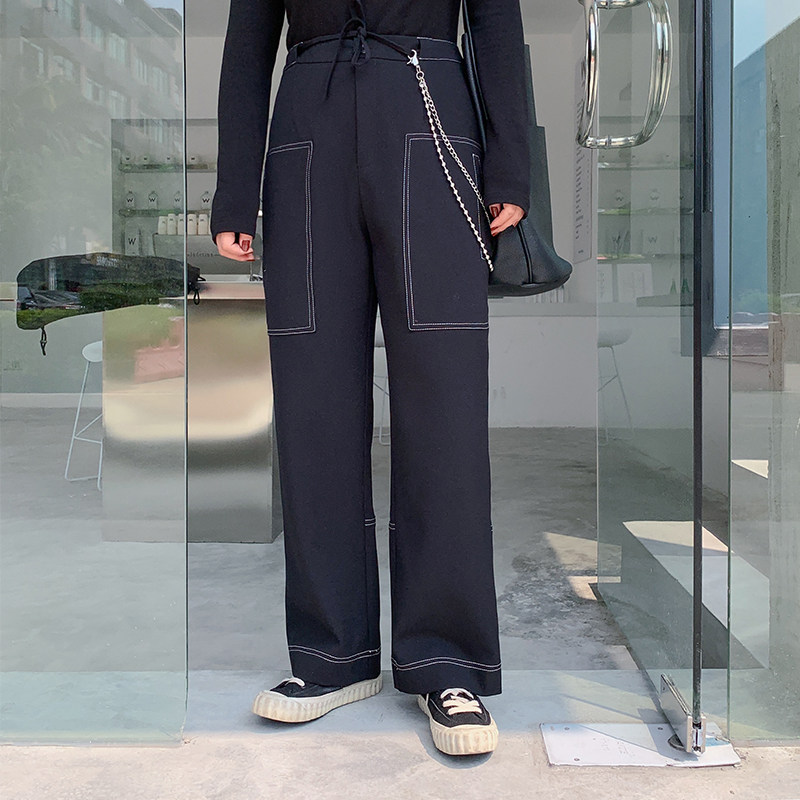 Li Xiaoxiao Fat Mm Spelled White Line Large Pocket Broadleg Pants Woman Autumn Dress Large Size Easy To Slim Fit Slim Trousers 100 Lap Casual Pants