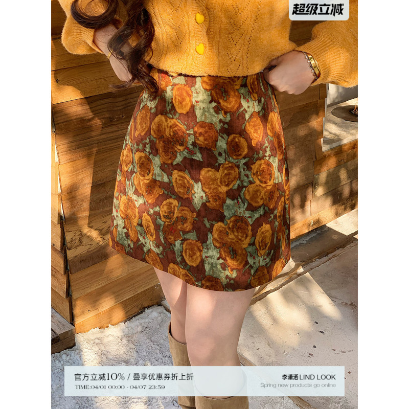 Li Shasha [Oil Painting Skirt] Vintage High-Waisted A-Line Short Skirt for Women, Plus Size, Versatile, Slimming, Printed Half Skirt