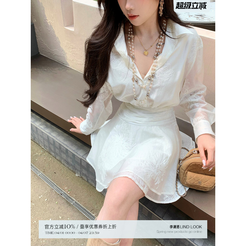 Li Shasha【White Sketch of Spring】Floral Embroidered Lapel Shirt Dress for Women, Summer, Slightly Plump, Elegant, Comfortable, Short Dress