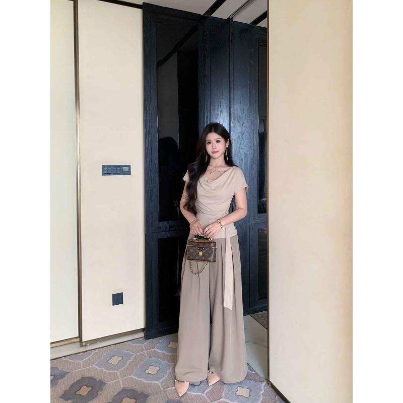 Li Shasha [Relaxationism] Slightly Plump Khaki Pleated Wide-Leg Pants for Women, High-Waisted, Drapey, Loose-Fitting, Floor-Length Trousers