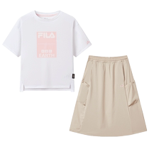 FILA FILA Childrens Clothing Childrens Suit 2024 Autumn New Girls Short-sleeved T-shirt Top Sports Woven Skirt