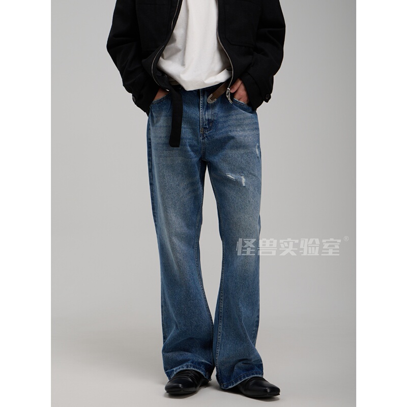 Monster Lab American-Style Washed Ring-Spun Denim Fabric Straight-Leg Slightly Flared Whiskered Casual Jeans # B10M