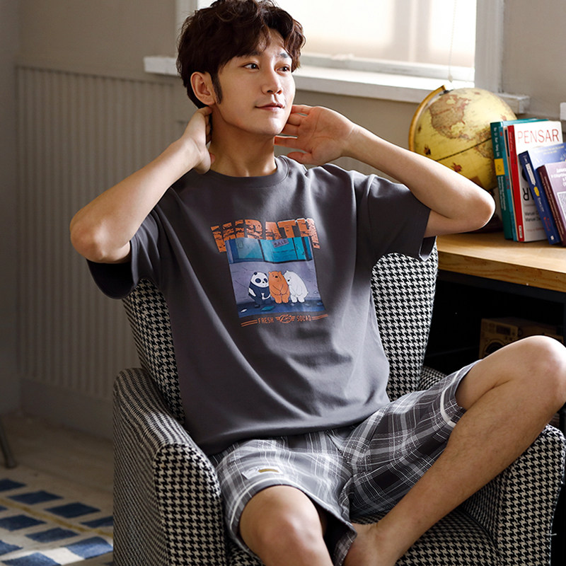 Men's pajamas summer pure cotton short-sleeved thin section teen student cotton summer little bear house suit set
