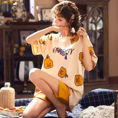 Pajamas ladies summer thin cotton short sleeve summer students Korean cute cartoon home clothing Yellow Duckling suit