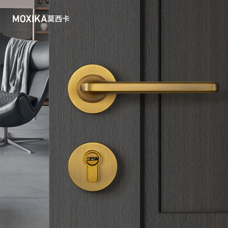 Mosica silent door lock indoor Nordic bedroom magnetic lock three-piece complete set of brass-colored wooden door pure American door