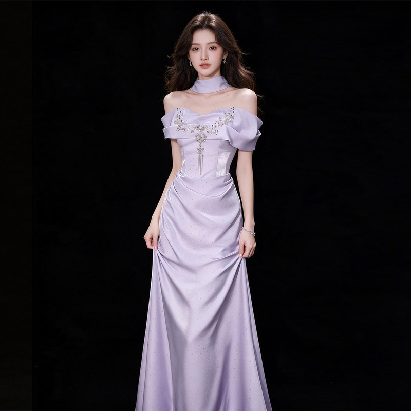One-Shoulder Purple Evening Dress for Coming-Of-Age Ceremony, Princess Birthday, Elegant Host, Art Exam, Vocal Performance Dress