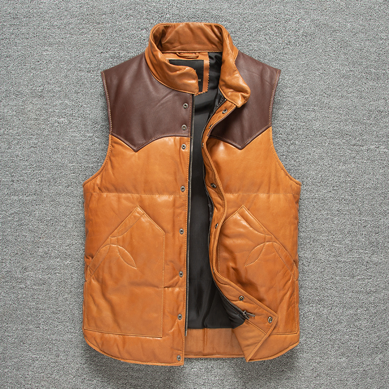 2025 Autumn/Winter Brown First Layer Oil-Waxed Goat Leather down Vest Men's Genuine Leather Short Vest Warm Thickened Waistcoat