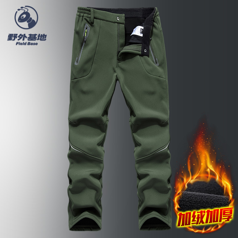 Jackets men's autumn and winter outdoor plus velvet thick fleece pants warm loose soft shell pants waterproof windproof mountaineering trousers