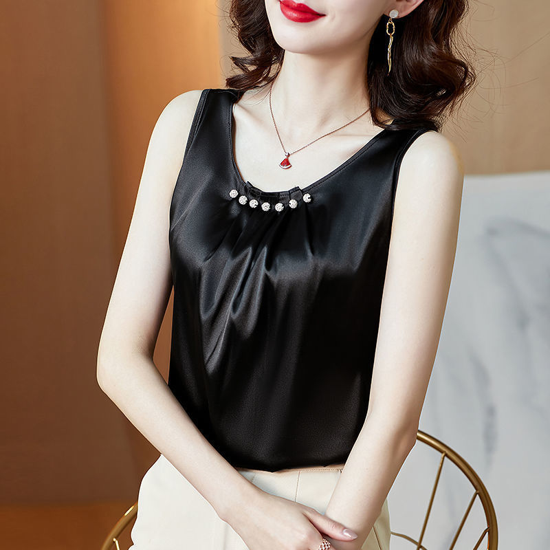 Black Ice Silk Satin Camisole for Women, Suitable as a Layering Piece under a Suit, Summer Plus Size Beaded Sleeveless Outerwear Top