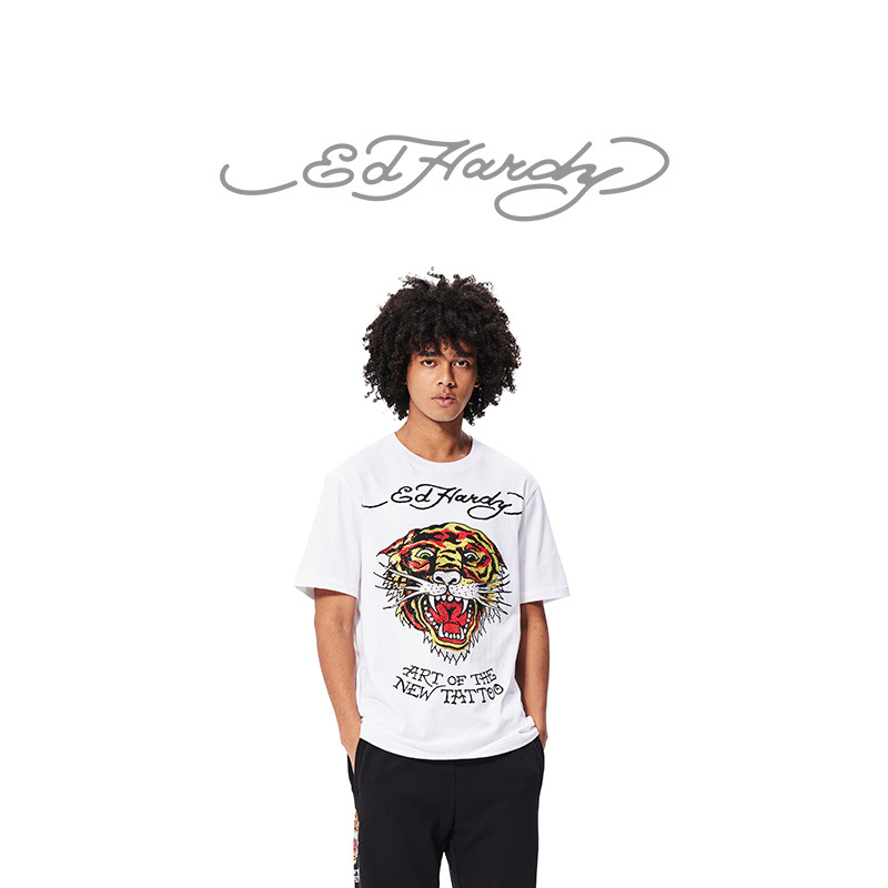 Ed Hardy Winter New American Style Rhinestone Tiger Head Men's Trendy Fashion Short-Sleeve T-Shirt