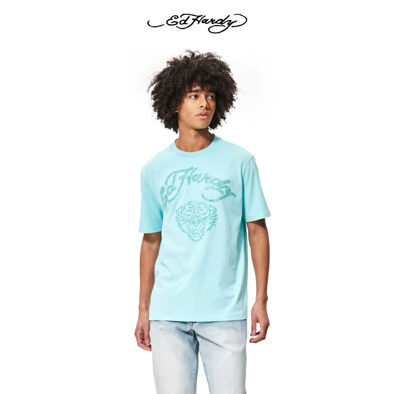 Летняя ретро стильная футболка с коротким рукавом Ed hardy, американский стиль, свободный крой