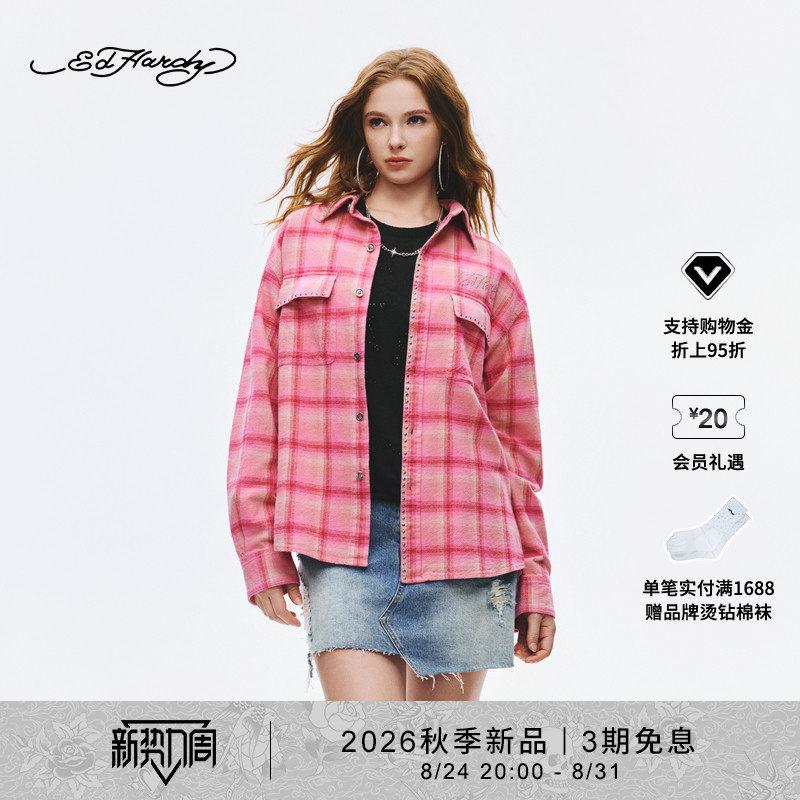 [New Products for Autumn] Ed Hardy Women's Washed, Skin-Friendly and Durable Plaid Shirt E1Scw255