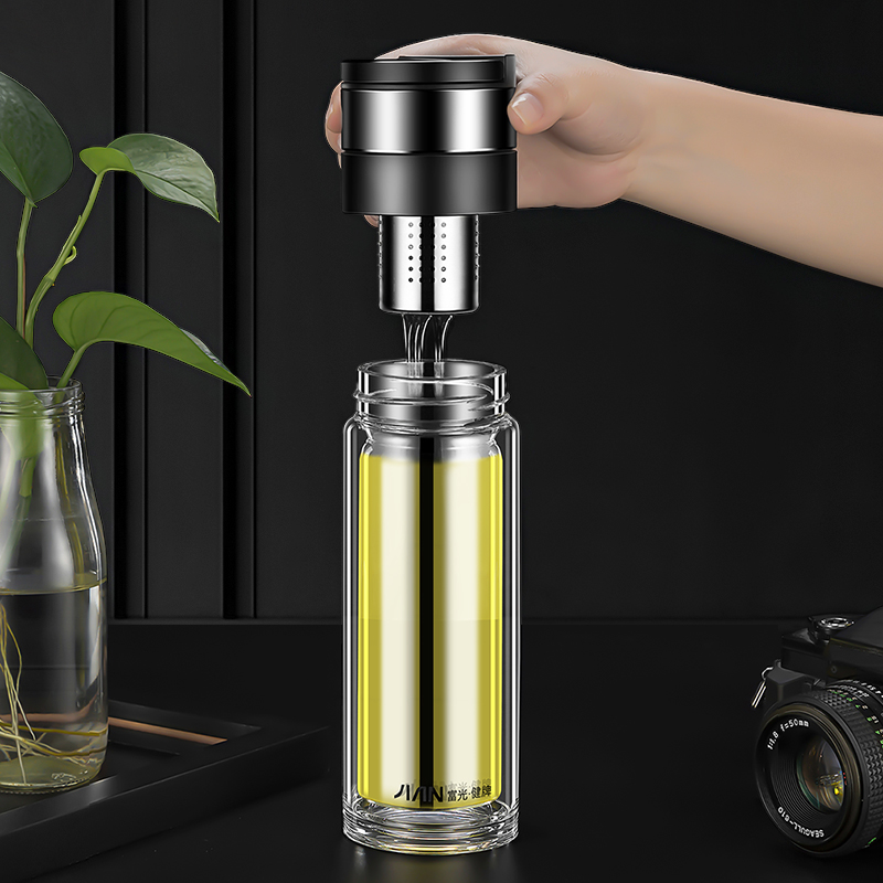 Rich light double layer glass cup men tea cup tea tea transparent tea water separation water cup thickened portable upscale crystal mug