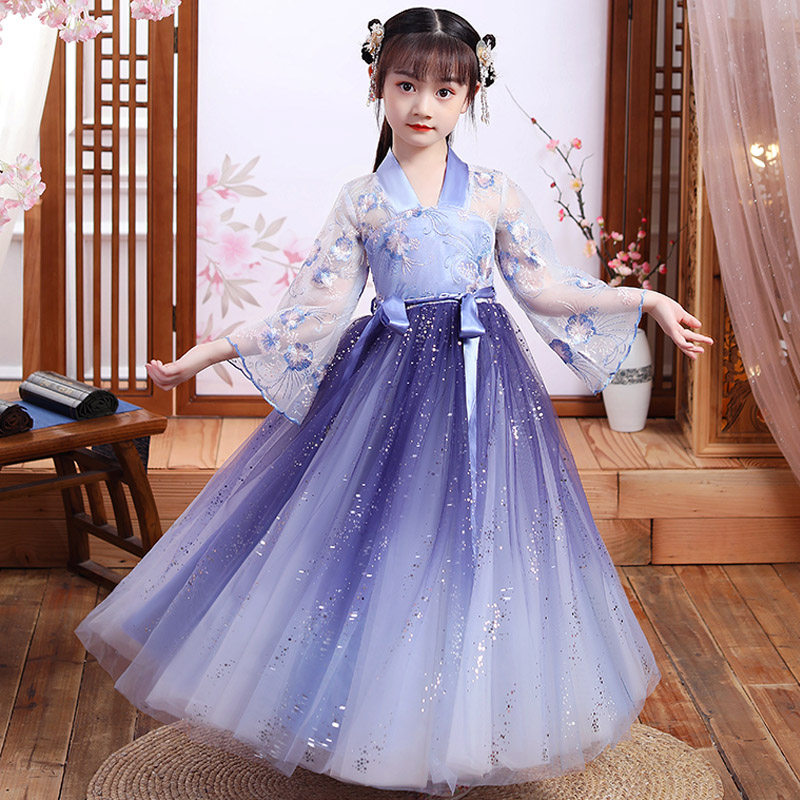 Girl Hanfu Summer 2022 New Foreign Pie Summer Children Ancient Dress Superfairy Princess Dress Little Girl Foreign Dress