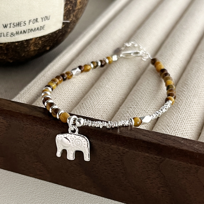 S925 Sterling Silver Crushed Silver Tiger Eye Stone Elephant Bracelet for Women, Chinese Style Handmade Beaded Fashion Lucky Elephant Jewelry Gift