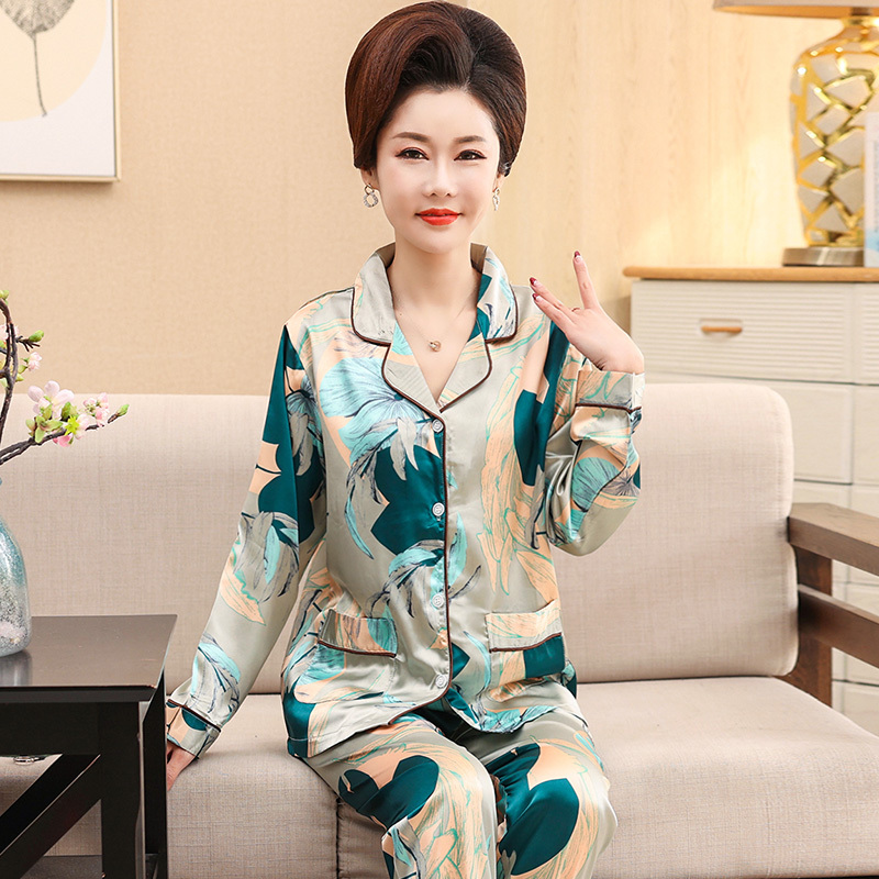 Mom's Pajamas Long-Sleeved Ice Silk Spring and Summer Thin Style Middle-Aged Women's Silk Home Wear Plus Size Silk Set