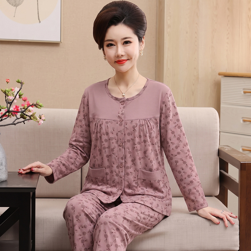 Middle-Aged Mom's Pajamas for Spring and Autumn, Pure Cotton, Long-Sleeved, Thin Style, Cardigan-Style Home Wear for Elderly Women, All-Cotton, Plus Size Middle-Aged Mom's Pajamas for Spring and Autumn, Pure Cotton, Long-Sleeved, Thin Style, Cardigan-Style Home Wear for Elderly Women, All-Cotton, Plus Size