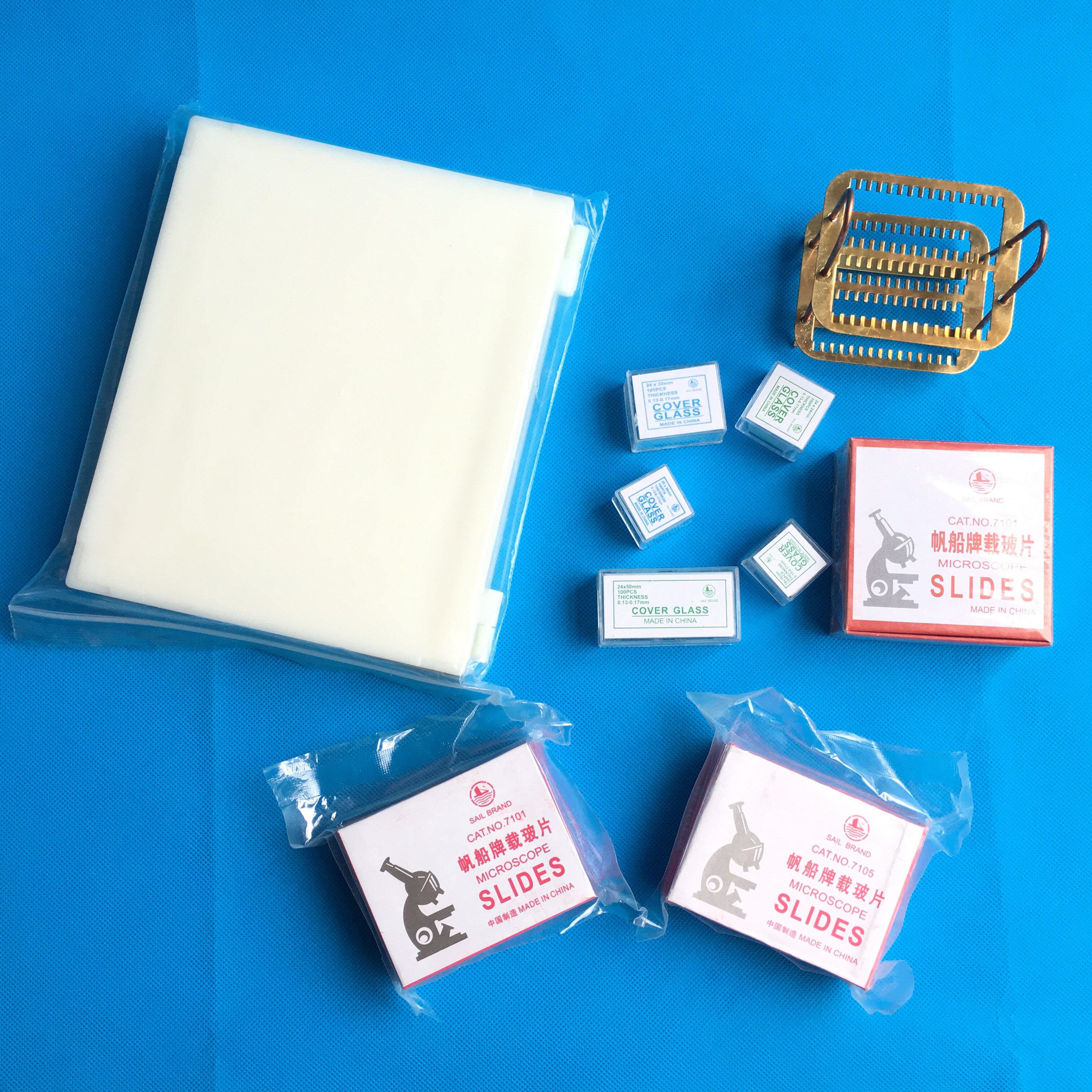 Microscope slides 50 coverslips 100 slides box staining rack push glass single concave piece double concave piece