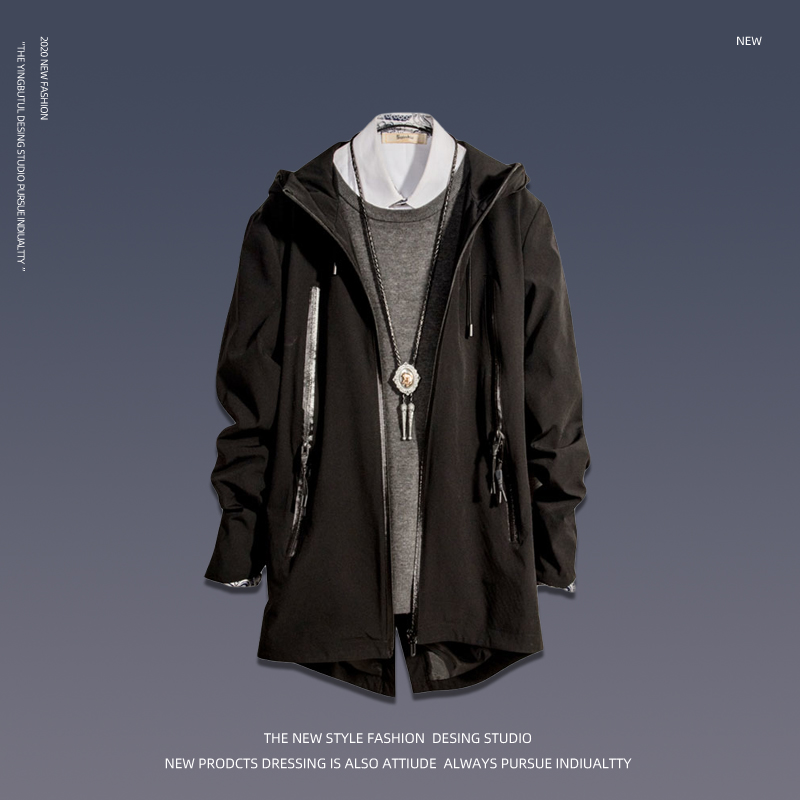 @ Flammable black mid-length version with cap windsuit men's body plus suede thickened Korean version Chaochio Autumn Clothing Big Coat Men's Coat